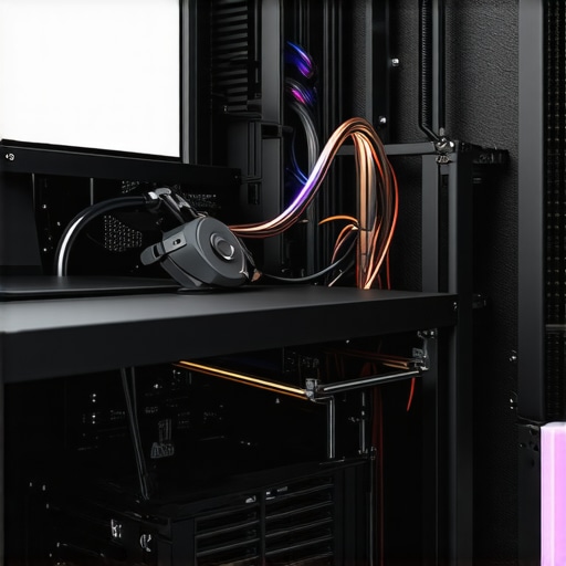 A detailed custom liquid cooling setup with tubing and radiators in a high-performance creative workstation