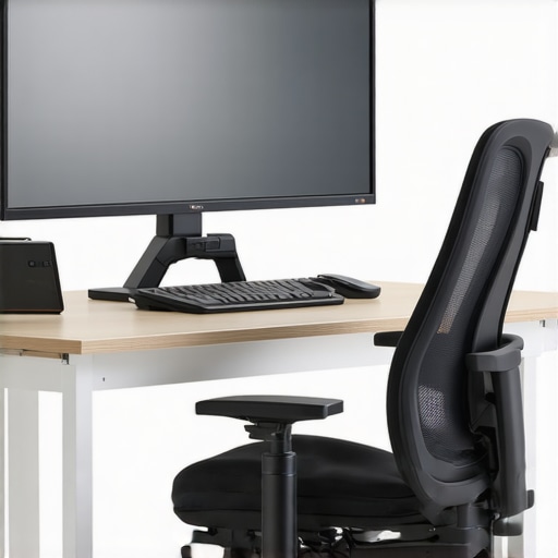 A modern ergonomic workspace with adjustable monitor, comfortable chair, and tidy cables