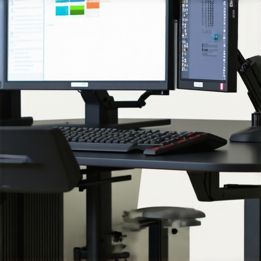 Ergonomic Workstation Setup A modern ergonomic workstation with adjustable monitor and mechanical keyboard