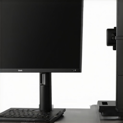 A high-end professional monitor with ergonomic stand and calibration tools in a sleek workspace.