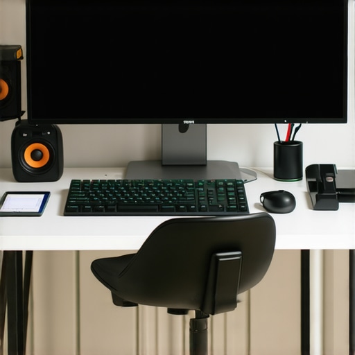 Optimized Creative Workstation Setup Professional monitor with calibration device and ergonomic keyboard in a creative workspace