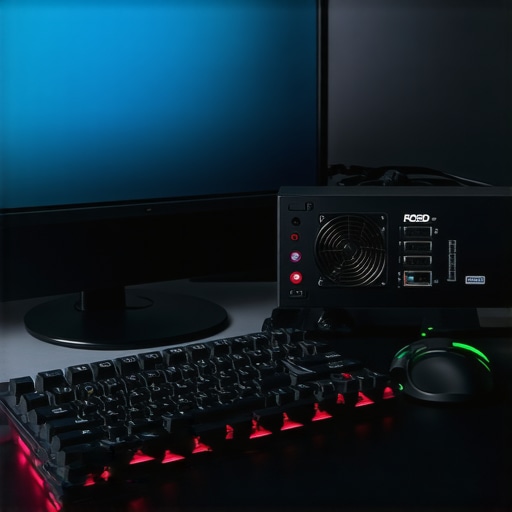 Modern workstation with high-end monitor, mechanical keyboard, cooling system, and SSD storage