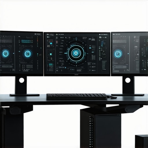 A professional workspace featuring high-quality monitors and NVMe SSDs with cooling