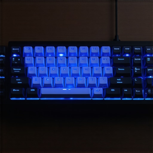 Close-up of a mechanical keyboard with backlit keys on a workspace.