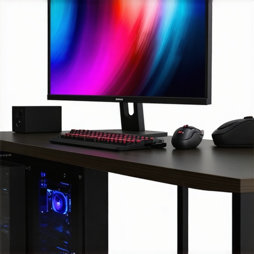 A sleek, modern workstation with high-end hardware components arranged for productivity