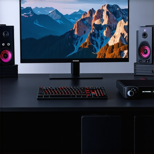 A modern workspace featuring a professional monitor, SSD storage devices, advanced cooling system, and mechanical keyboard