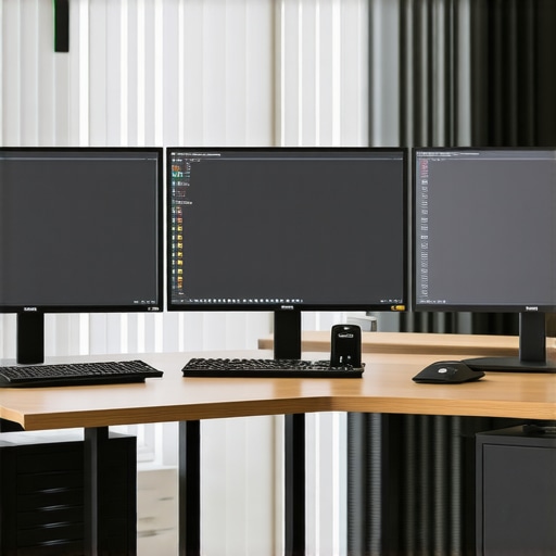 A modern professional workstation with multiple calibrated monitors, ergonomic chair, and ambient lighting