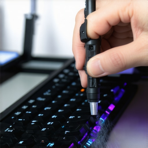 Technician using compressed air to clean a mechanical keyboard and examining thermal monitoring software on a screen.