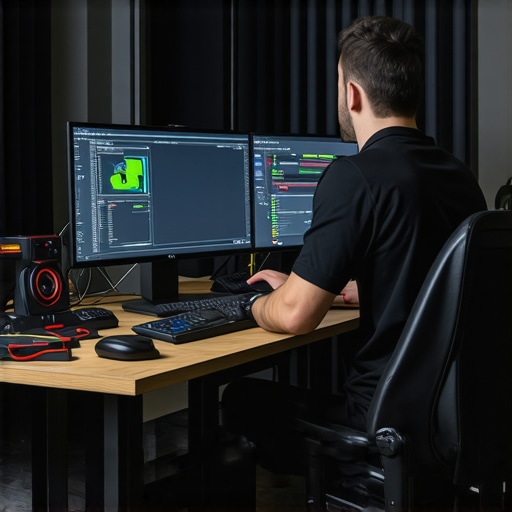 Technician adjusting cables and updating firmware on a professional 16K monitor.