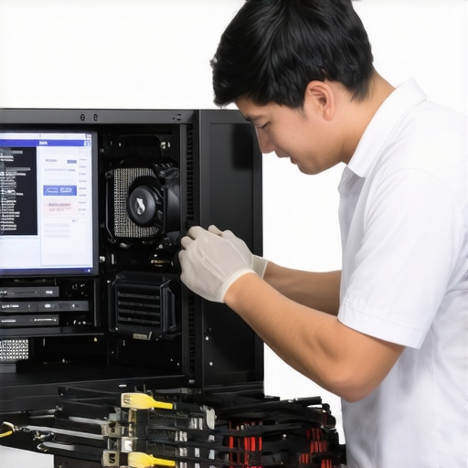 Tech worker cleaning a high-performance PC heatsink with specialized tools