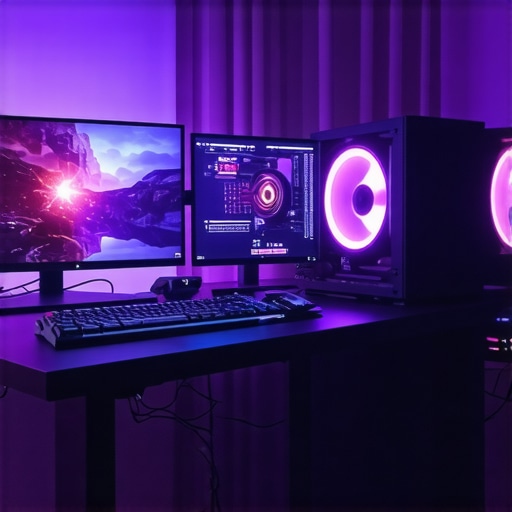 A modern workstation PC setup with liquid cooling, dual OLED monitors, and ergonomic accessories.