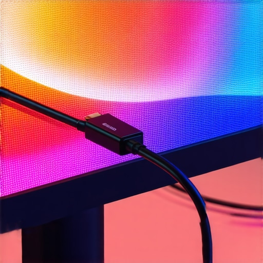 Close-up of a displayport 4.0 cable connected to a monitor showing a 32K resolution screen