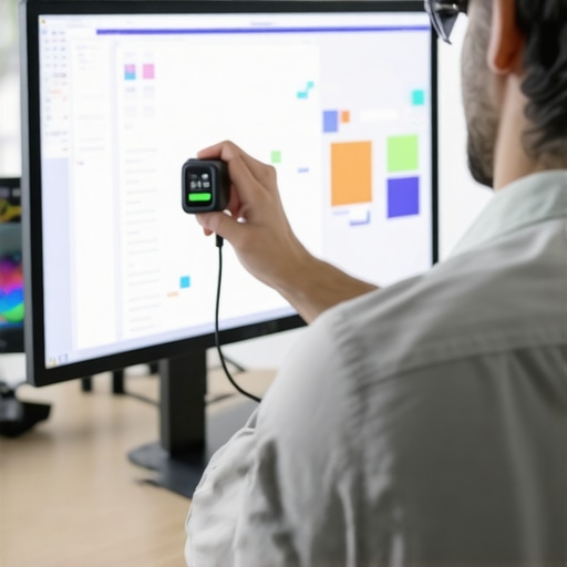 A designer using a colorimeter to calibrate a professional monitor for precise color accuracy.
