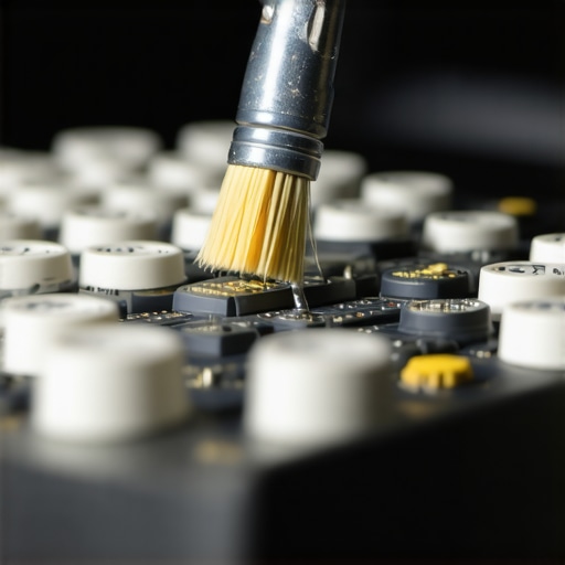 A person using a brush and compressed air to clean a mechanical keyboard switch