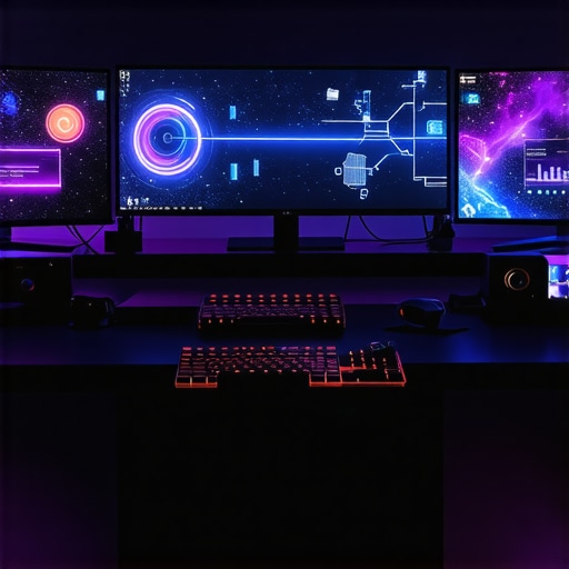 A professional workstation featuring multiple monitors, fast storage drives, advanced cooling system, and mechanical keyboard