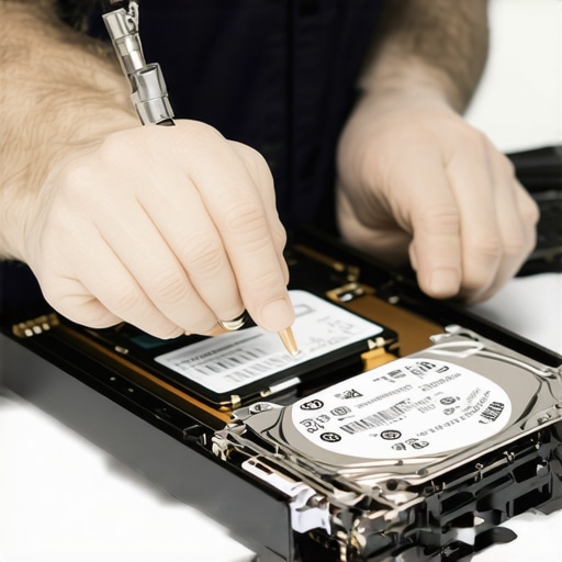 Technician performing diagnostic check on external hard drive to monitor its health.