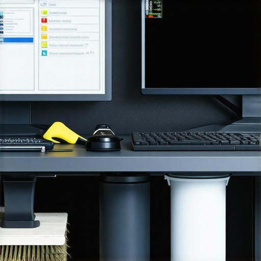 A technician using cleaning tools for a workstation with system monitoring software displayed on the monitor.