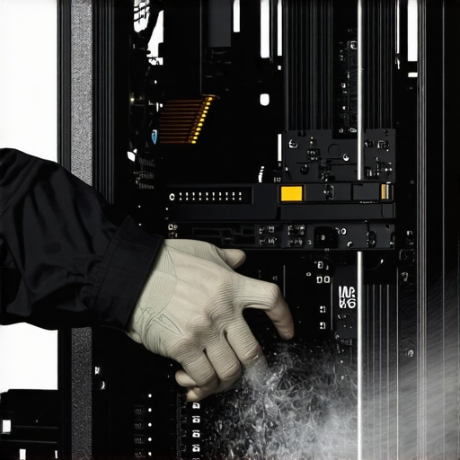 Technician using compressed air to clean dust from a high-end PC's interior, focusing on airflow pathways and thermal fins.