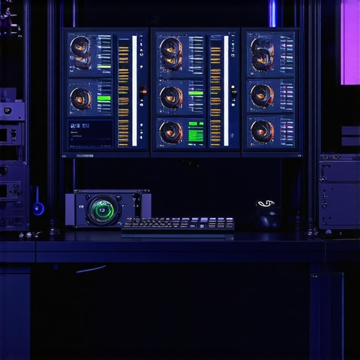 A technician inspecting a workstation with thermal camera and monitoring software to ensure system health.