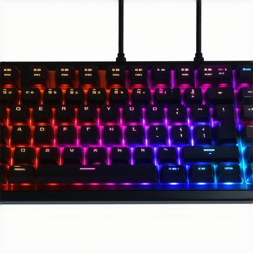 Close-up of a mechanical keyboard with blue switches and RGB backlighting.