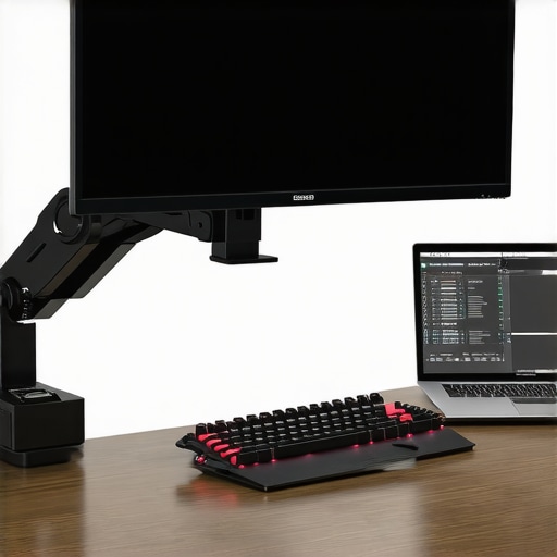 A workspace featuring a 32-inch 4K monitor, ergonomic mount, calibration device, mechanical keyboard, and ambient lighting for professional editing.