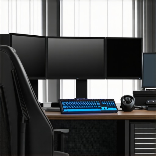 A professional editing workstation with dual monitors, mechanical keyboard, and organized workspace