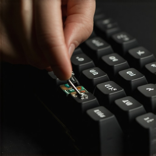 A technician delicately extracting a switch from a hot-swap keyboard using fine forceps