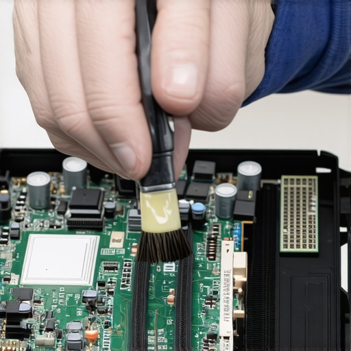 Technician carefully cleaning a motherboard with a brush and alcohol for maintenance