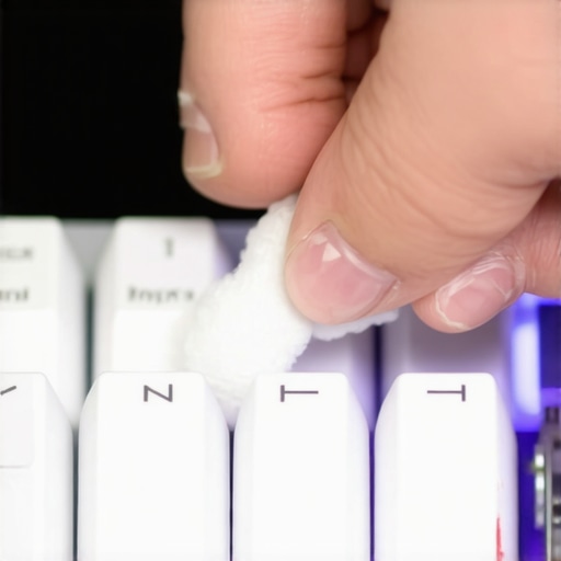 Close-up image of lubricant application on a mechanical keyboard stabilizer with a cotton swab.