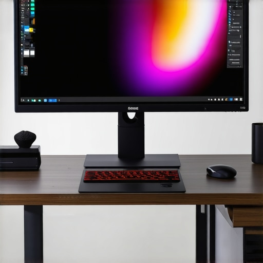 Calibrated Professional Monitor in Workspace A professional photo studio setup with color-accurate monitor displaying vibrant visuals and calibration equipment
