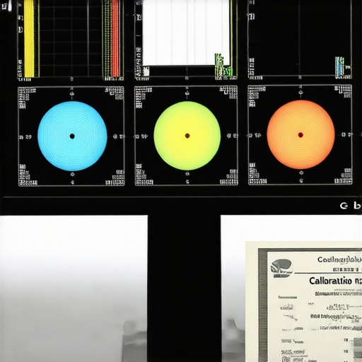 Calibrated monitor with certification Close-up of a monitor displaying calibration patterns along with a certification document.