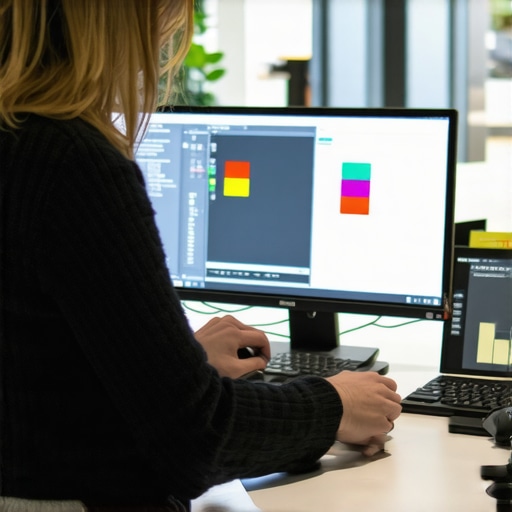 Calibrating monitor for color accuracy Person adjusting monitor settings with calibration device in bright office
