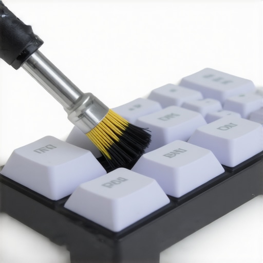 Technician carefully cleaning switches inside a mechanical keyboard with tools