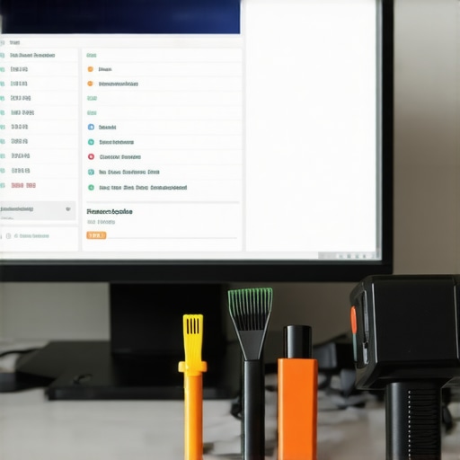 Essential Maintenance Tools for Professional Workstations A workstation setup showing cleaning brushes, thermal sensors, and software interfaces for maintenance