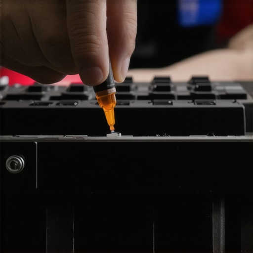 A person applying lubricant to a keyboard stabilizer with precision tools, highlighting the meticulous process.