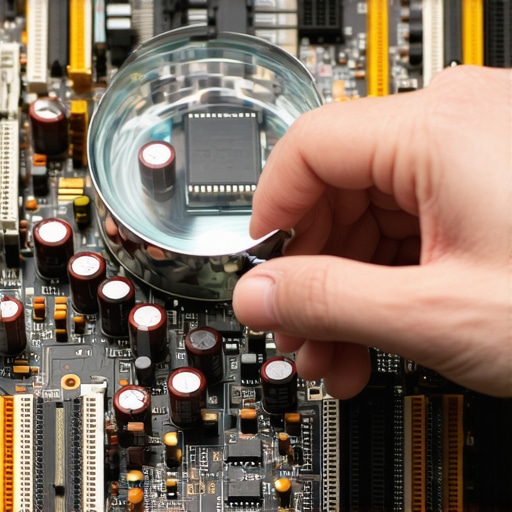 Technician examining motherboard capacitors for damage