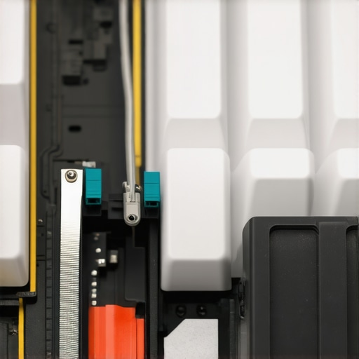 A detailed shot of hands installing long-pole linear switches into a mechanical keyboard.