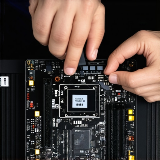 Person installing M.2 NVMe SSD into motherboard