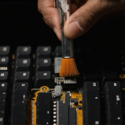 Person applying lubricant to stabilizer stems on a mechanical keyboard, demonstrating proper maintenance for quieter keys.