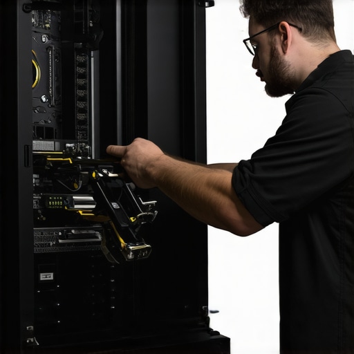 Technician cleaning and inspecting a custom desktop PC with monitoring tools