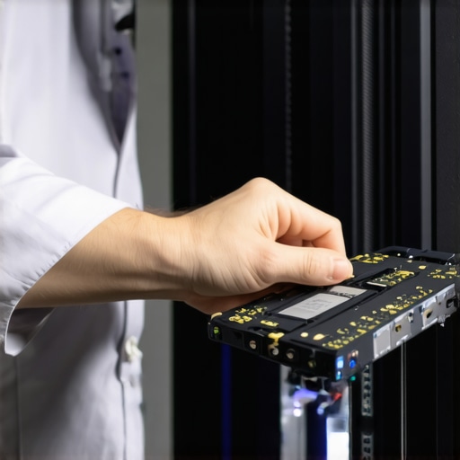 Maintenance of High-End SSD Storage Technician performing routine SSD inspection and maintenance in a data center.