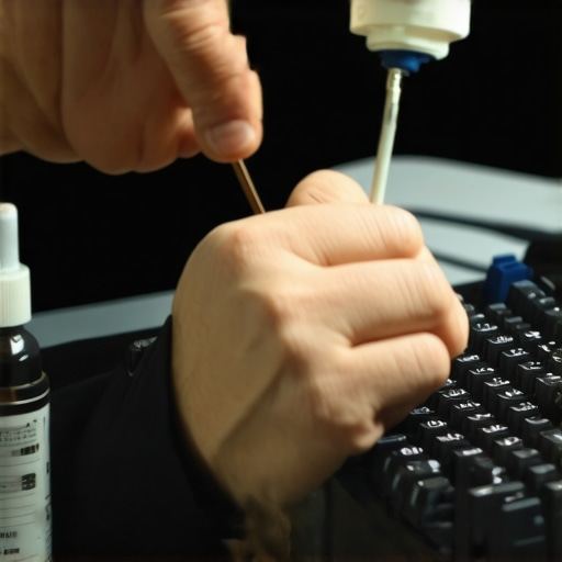 Person cleaning and lubricating stabilizers inside a mechanical keyboard