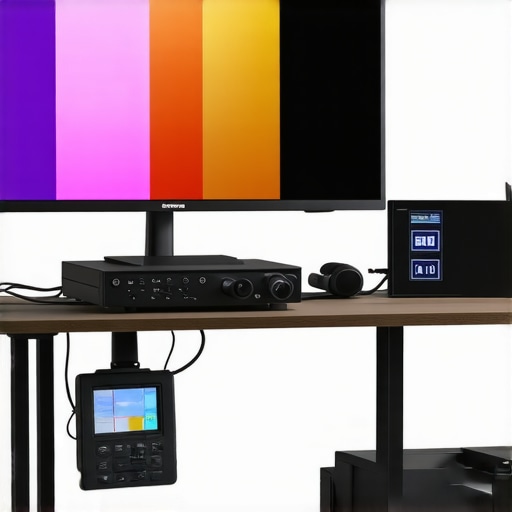 Monitor Calibration Environment Setup of a calibrated monitor in a controlled room with calibration tools and neutral lighting.
