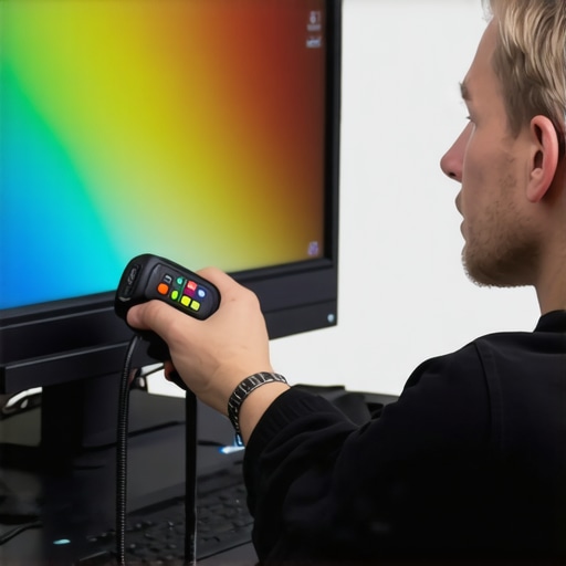 Monitor Calibration Setup Person adjusting monitor settings with calibration device for better blacks.