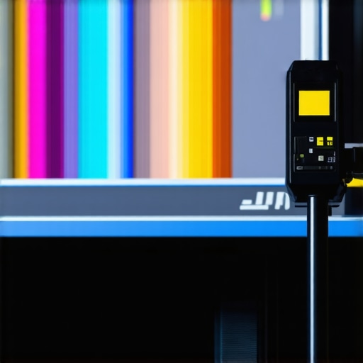 A colorimeter device calibrates a professional monitor in a controlled workspace.