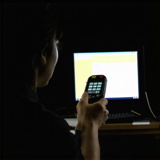 Monitor calibration in a controlled environment A technician calibrating a professional display with a colorimeter in a dimly lit room.