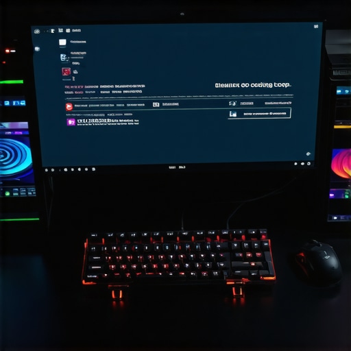 A modern professional workspace with high-end monitor, SSD storage, cooling system, and mechanical keyboard.