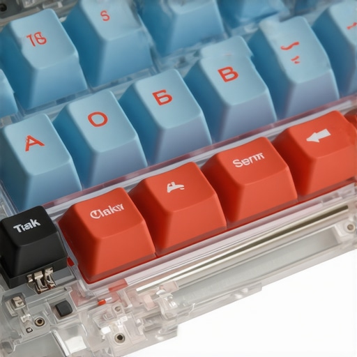 Optimized Mechanical Keyboard Components Close-up of a mechanical keyboard with polycarbonate plate and custom switches.