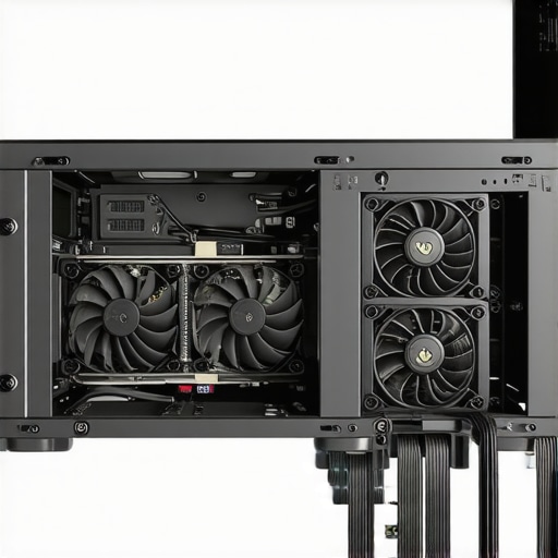 A detailed illustration showing airflow paths, cable management, and cooling fans inside a computer case