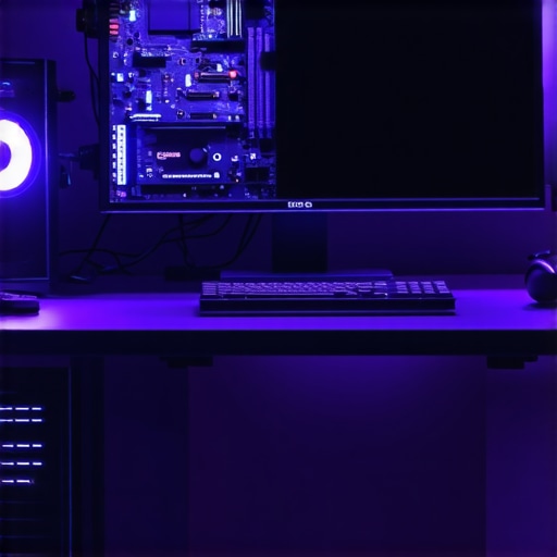A workspace showing a high-performance PC with cooling, SSD storage, and calibrated professional monitor.